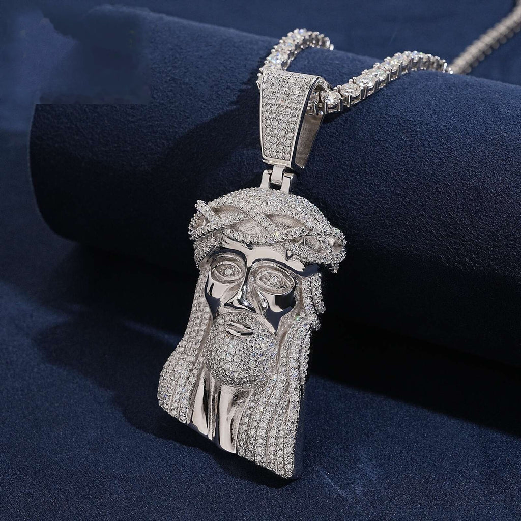3" Jesus Head Pendant — Moissanite & CZ, 925 Silver