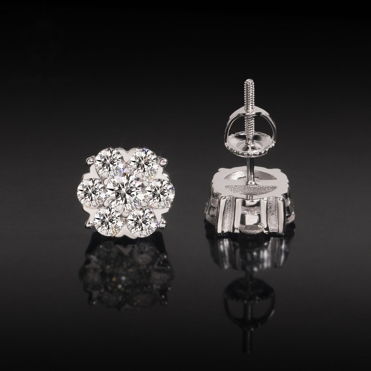 Bloom Cluster Stud Earrings Screw Back — Moissanite, 925 Silver