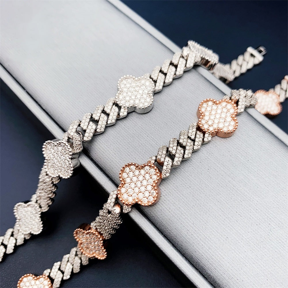 8mm Clover Two Tone Cuban Bracelet — Moissanite, 925 Silver