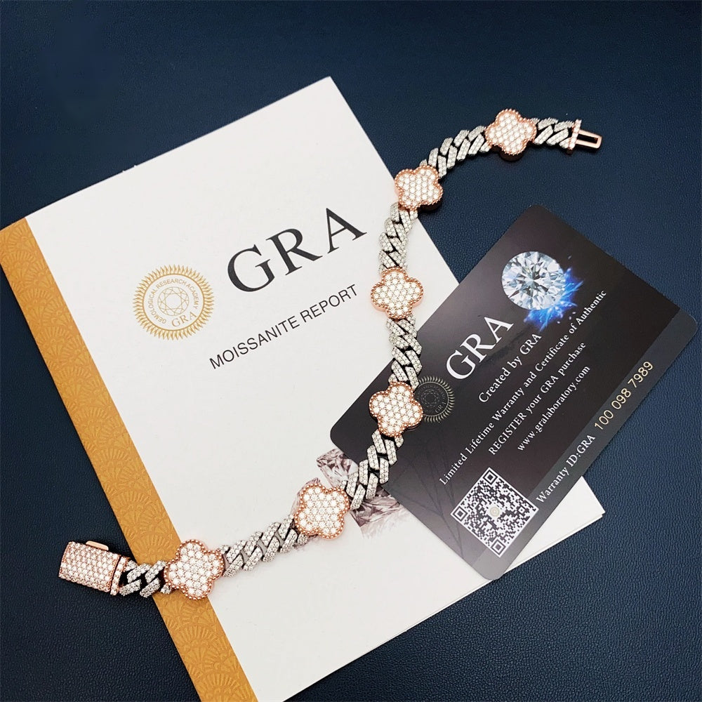8mm Clover Two Tone Cuban Bracelet — Moissanite, 925 Silver