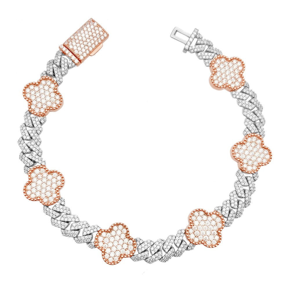 8mm Clover Two Tone Cuban Bracelet — Moissanite, 925 Silver