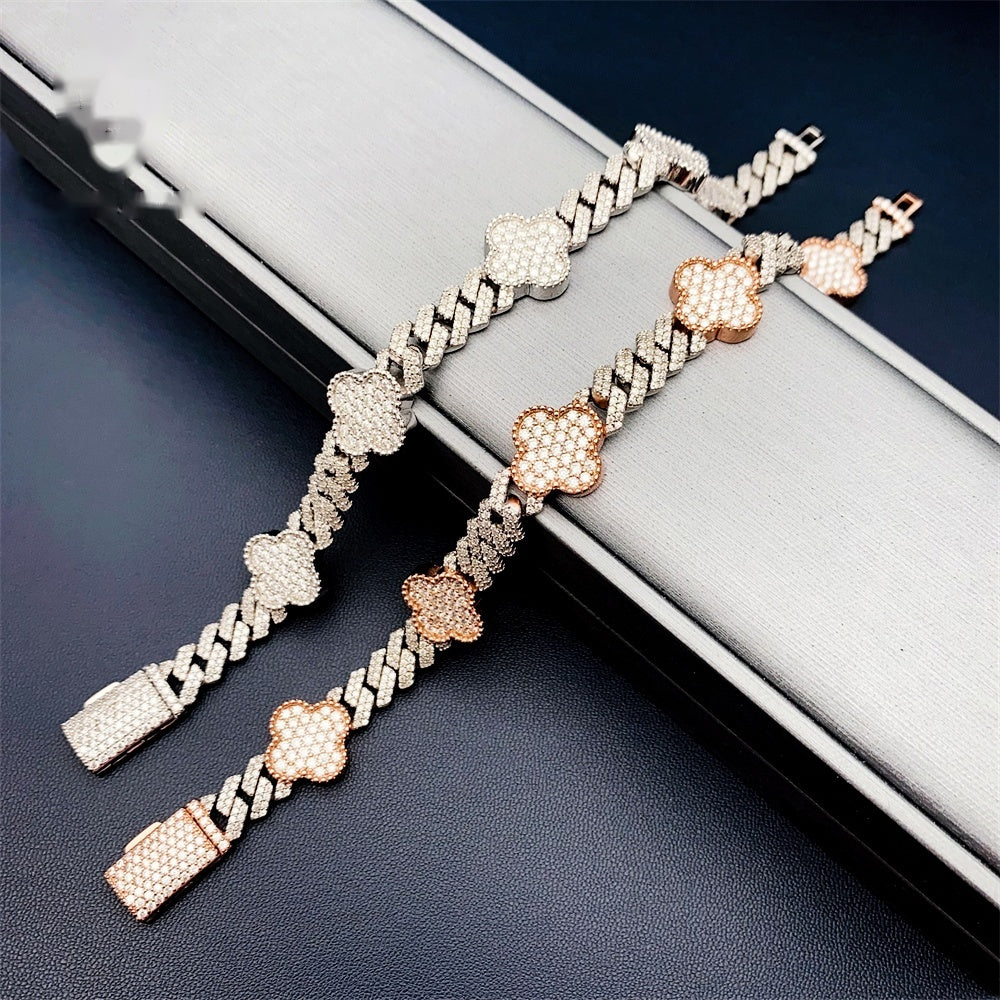 8mm Clover Two Tone Cuban Bracelet — Moissanite, 925 Silver