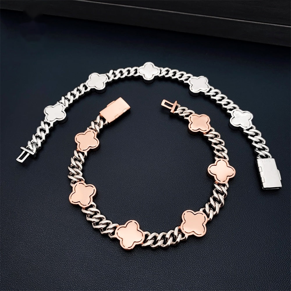 8mm Clover Two Tone Cuban Bracelet — Moissanite, 925 Silver