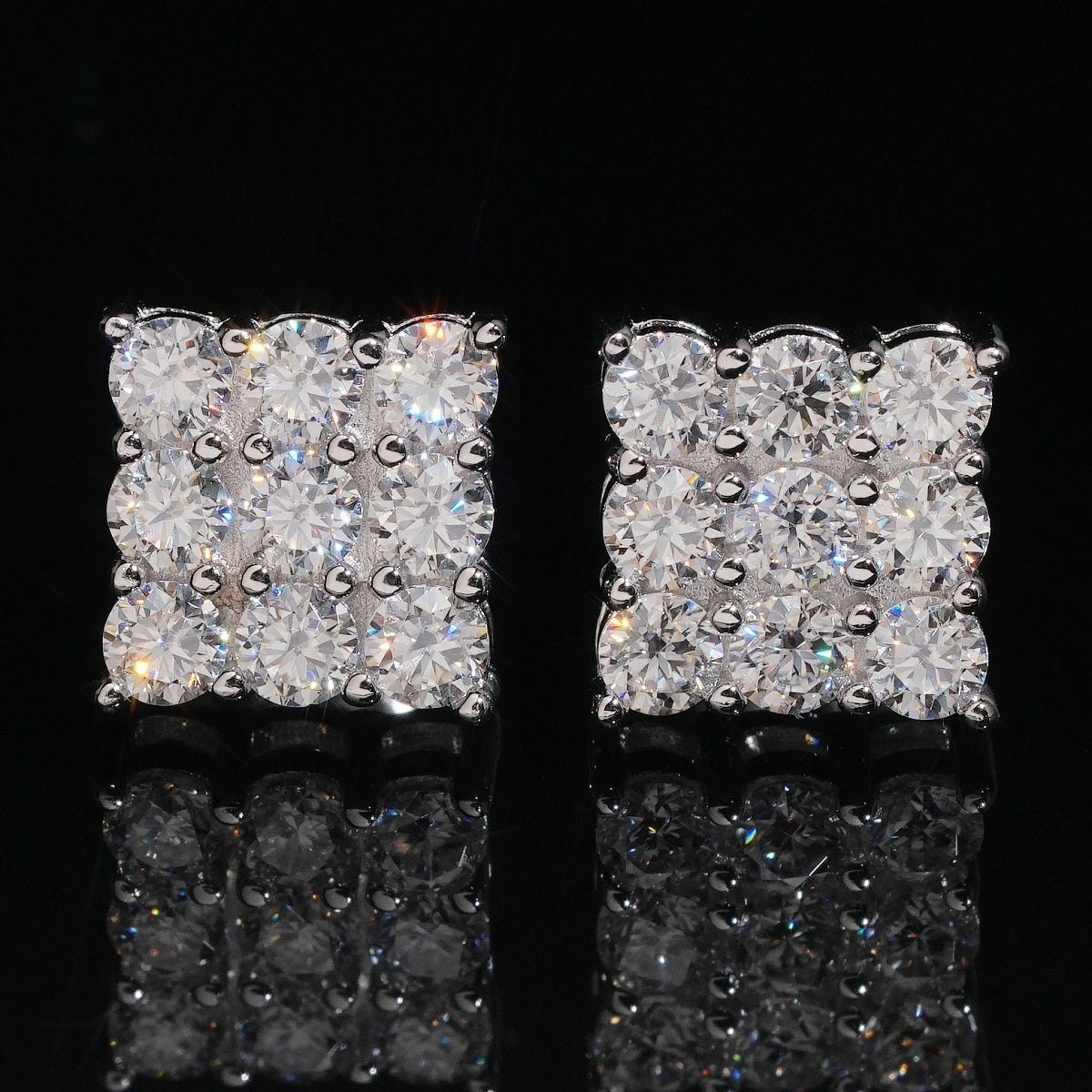 Square Grid Stud Earrings Screw Back — Moissanite, 925 Silver