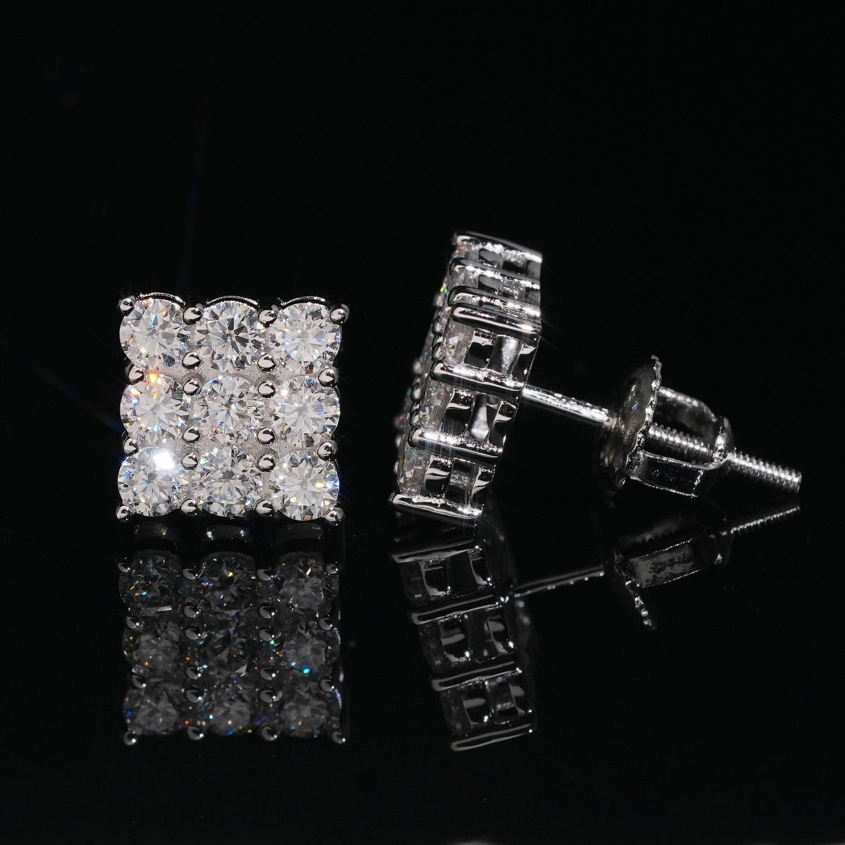 Square Grid Stud Earrings Screw Back — Moissanite, 925 Silver