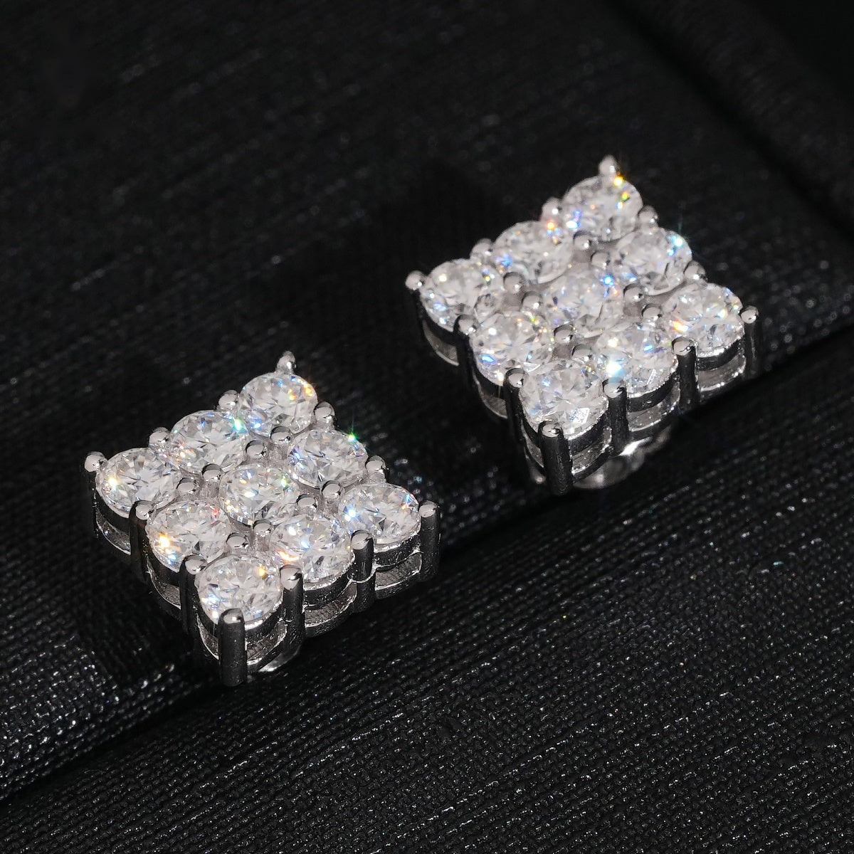 Square Grid Stud Earrings Screw Back — Moissanite, 925 Silver