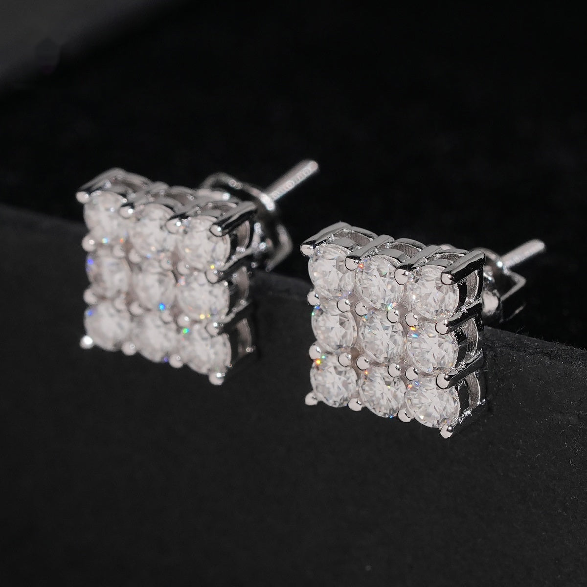 Square Grid Stud Earrings Screw Back — Moissanite, 925 Silver