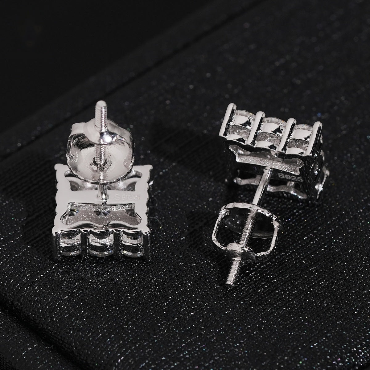Square Grid Stud Earrings Screw Back — Moissanite, 925 Silver