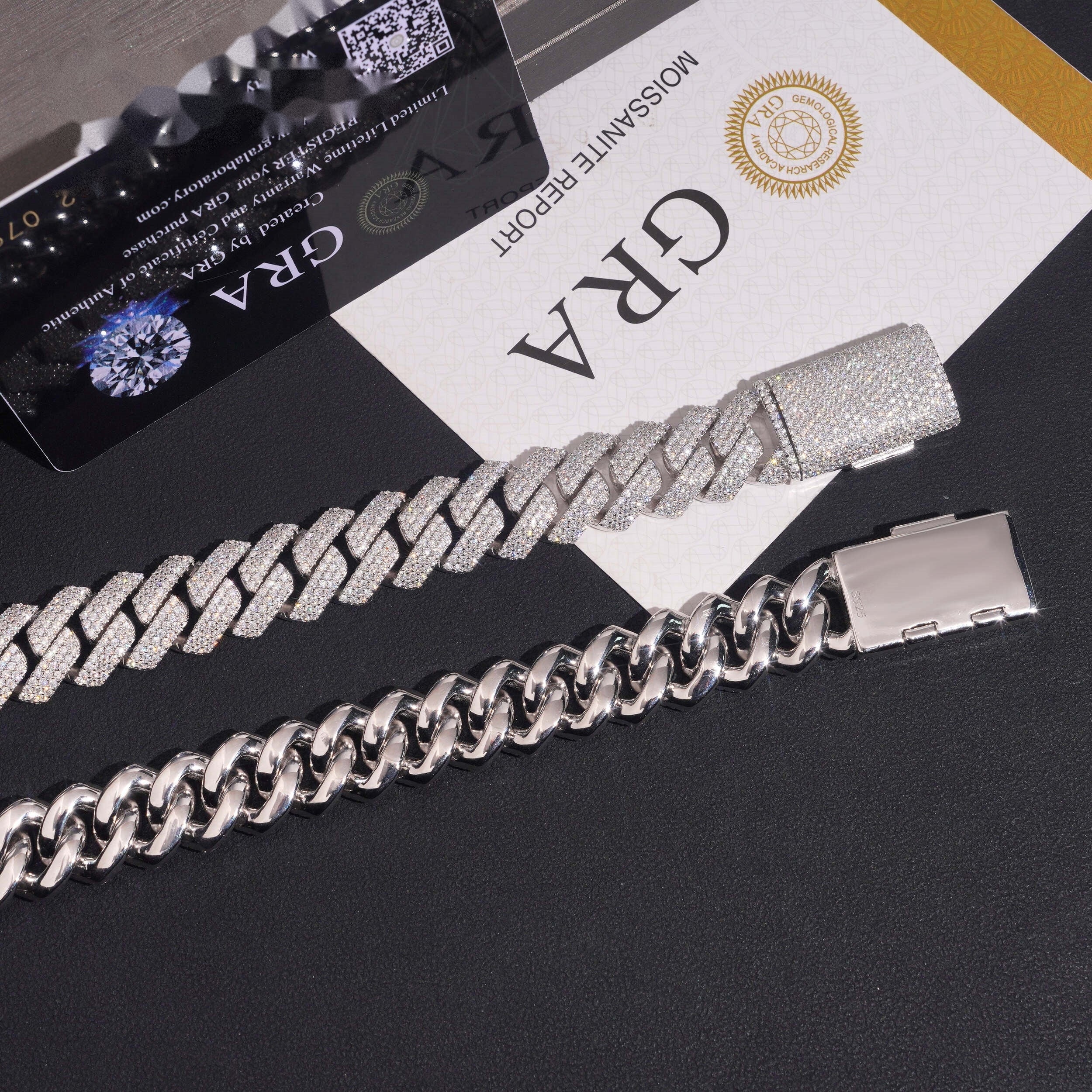15mm Cuban Bracelet Honeycomb Setting — Moissanite, 925 Silver
