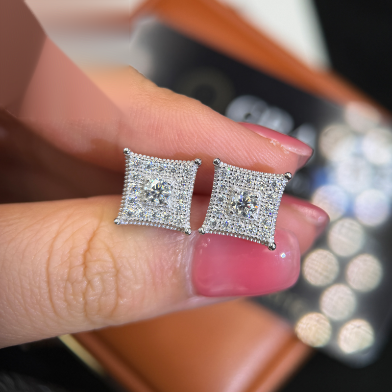 Square Centerstone Earrings Screw Back — Moissanite, 925 Silver