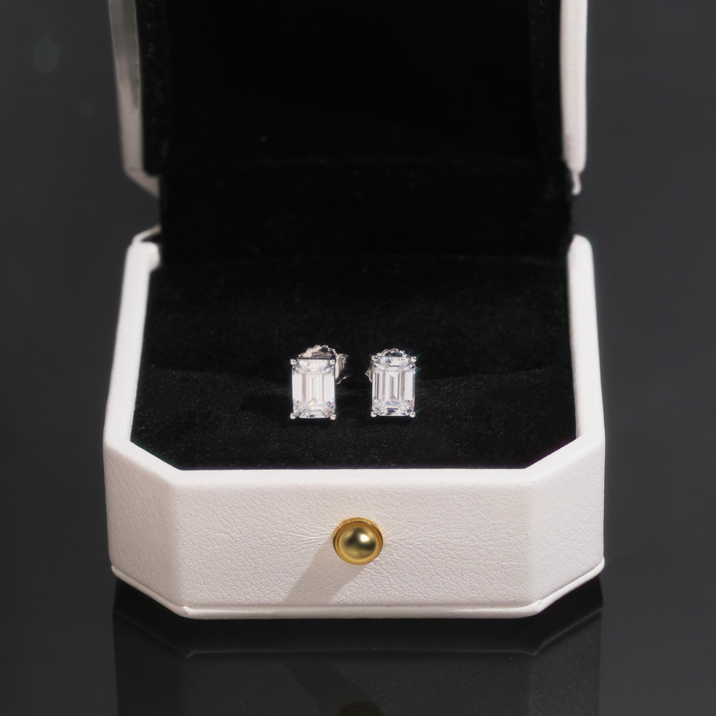 Emerald Shape Earrings Screw Back — Moissanite, 925 Silver