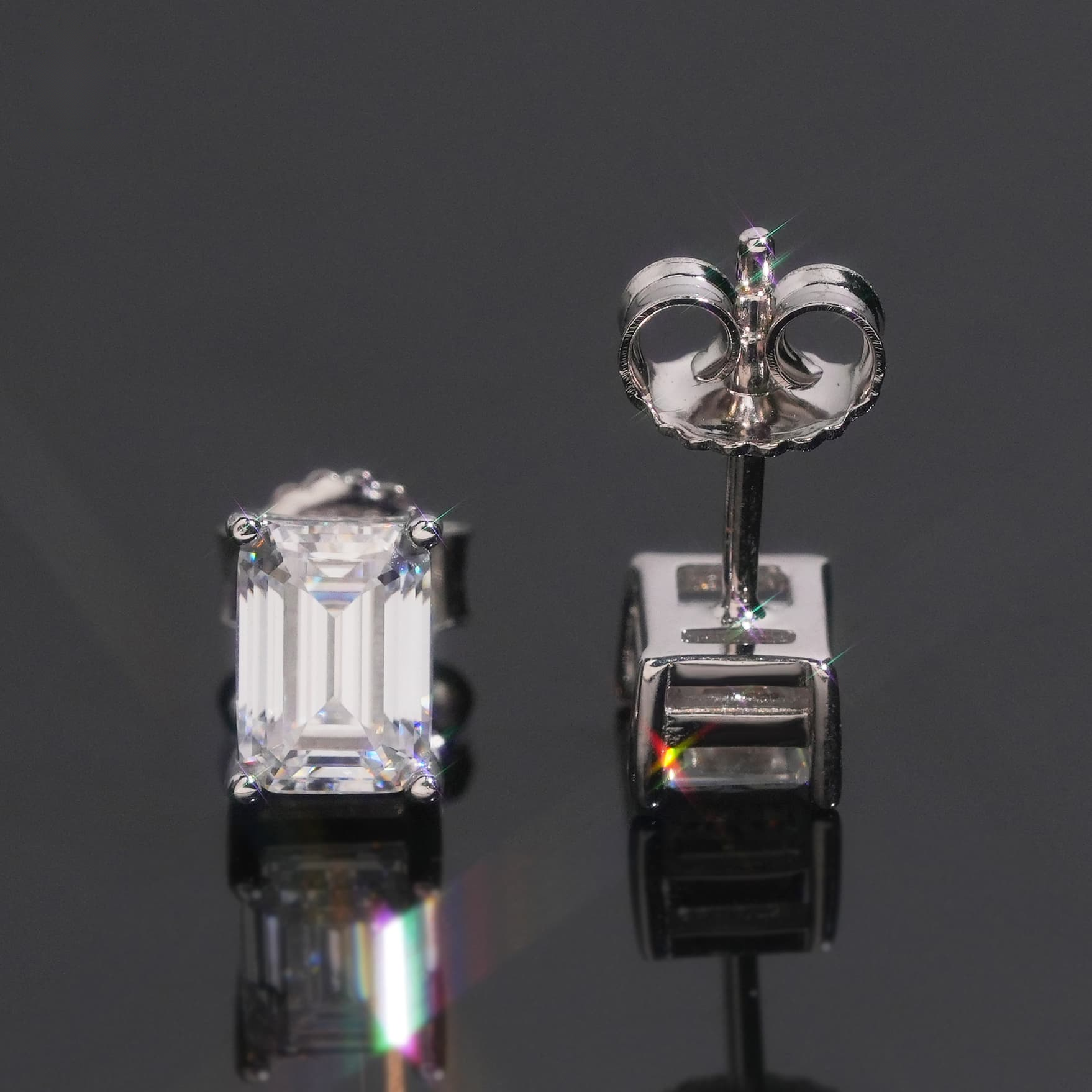 Emerald Shape Earrings Screw Back — Moissanite, 925 Silver