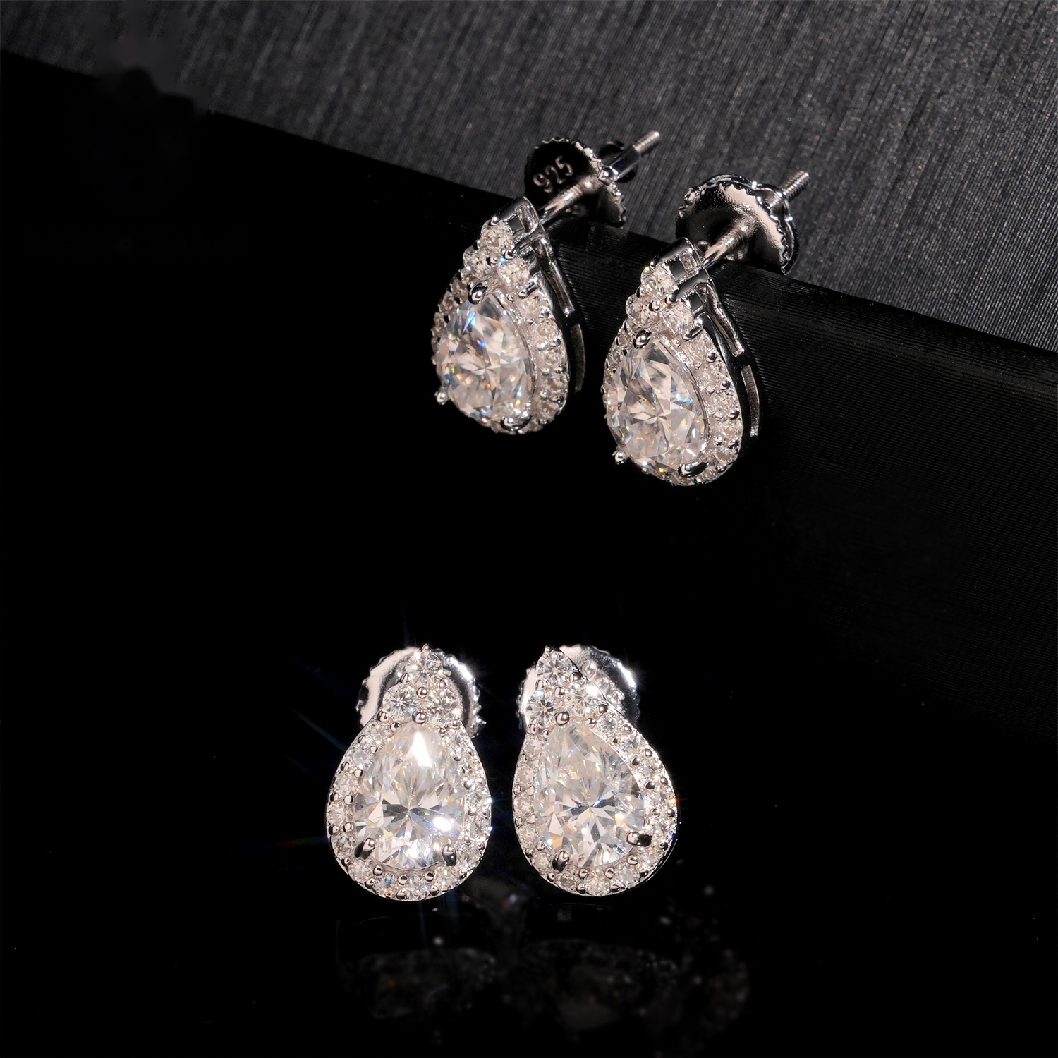 Pear Shape Earrings Screw Back — Moissanite, 925 Silver