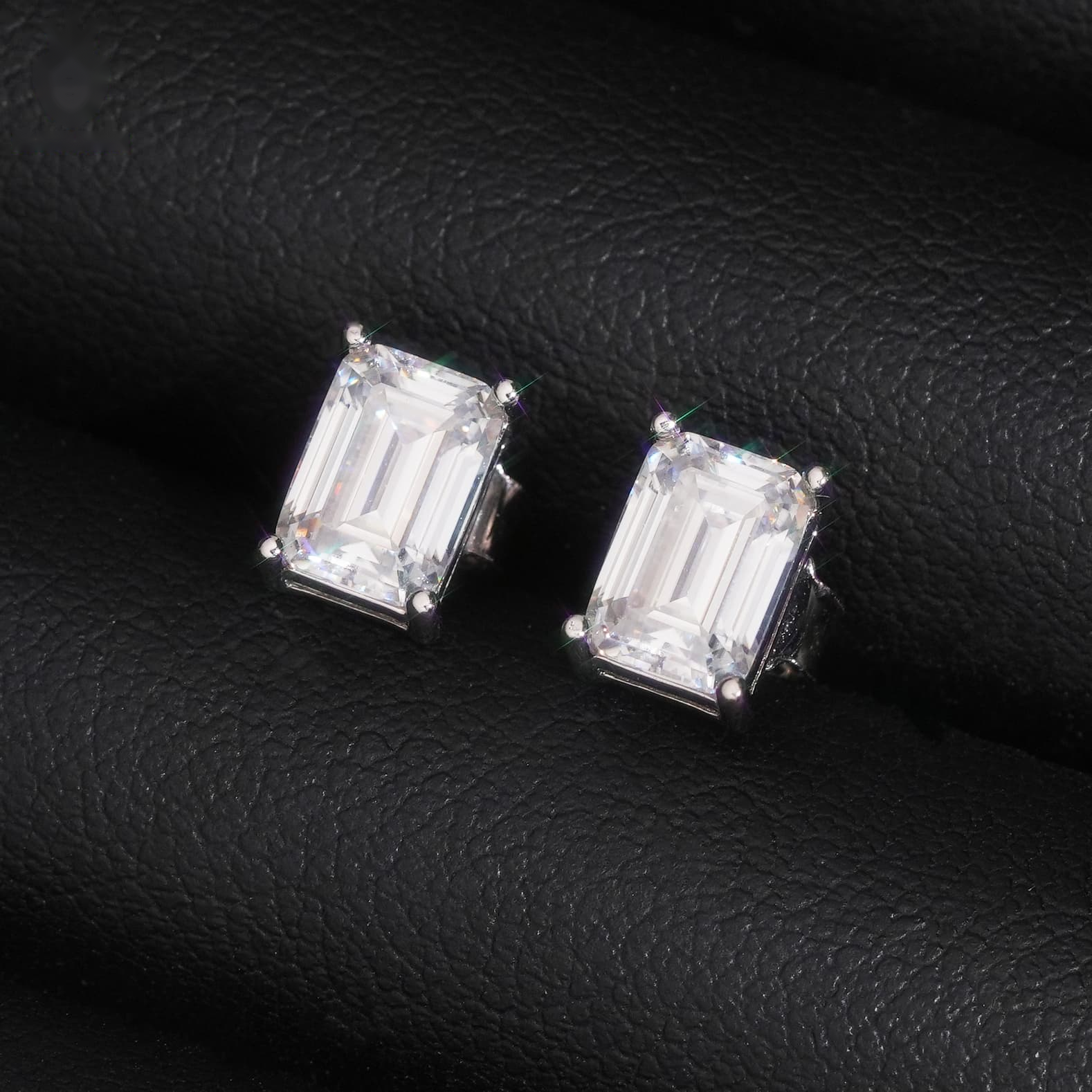 Emerald Shape Earrings Screw Back — Moissanite, 925 Silver