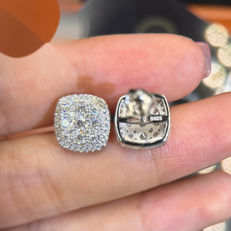 Square Clover Earrings Screw Back — Moissanite, 925 Silver