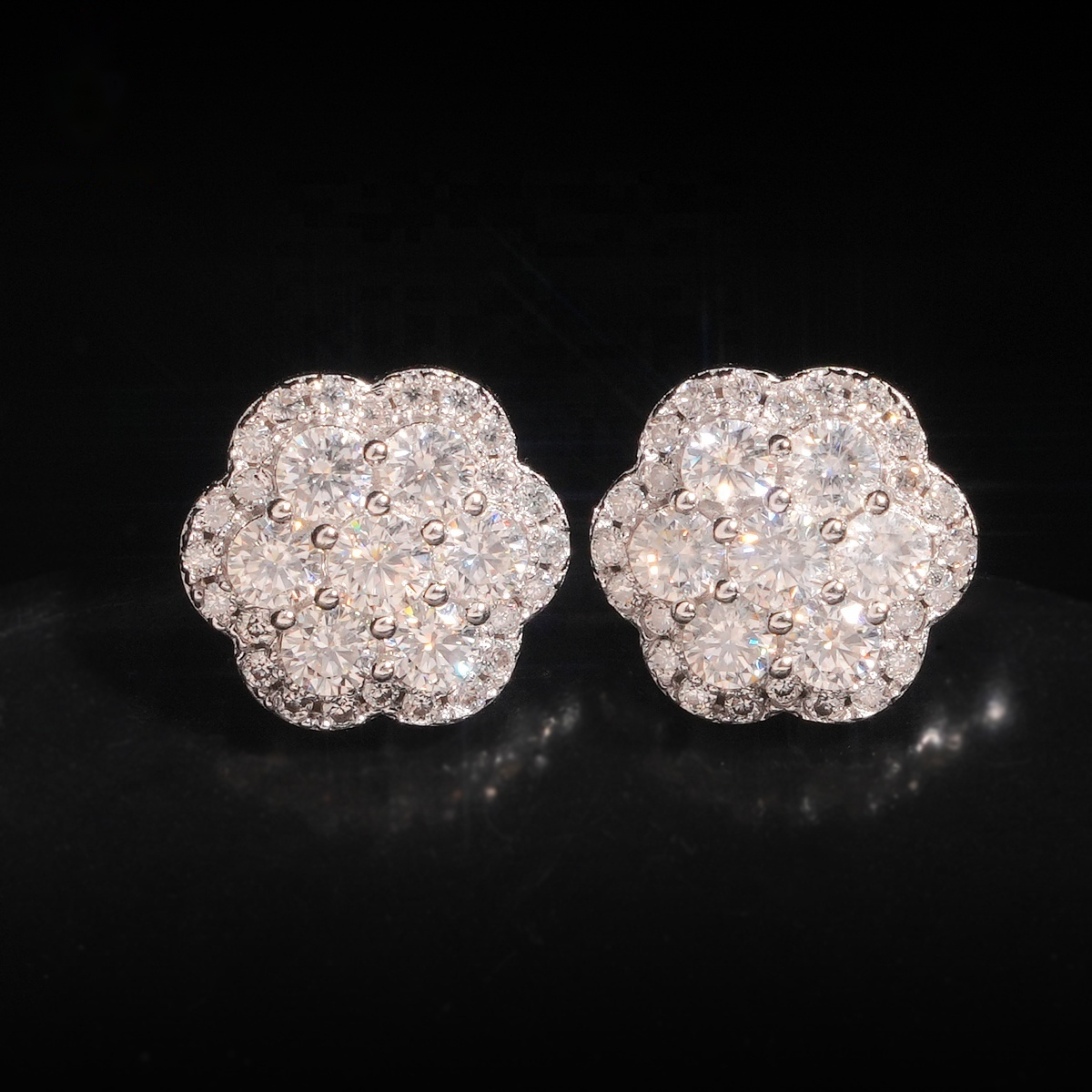 Flower Earrings Screw Back — Moissanite, 925 Silver