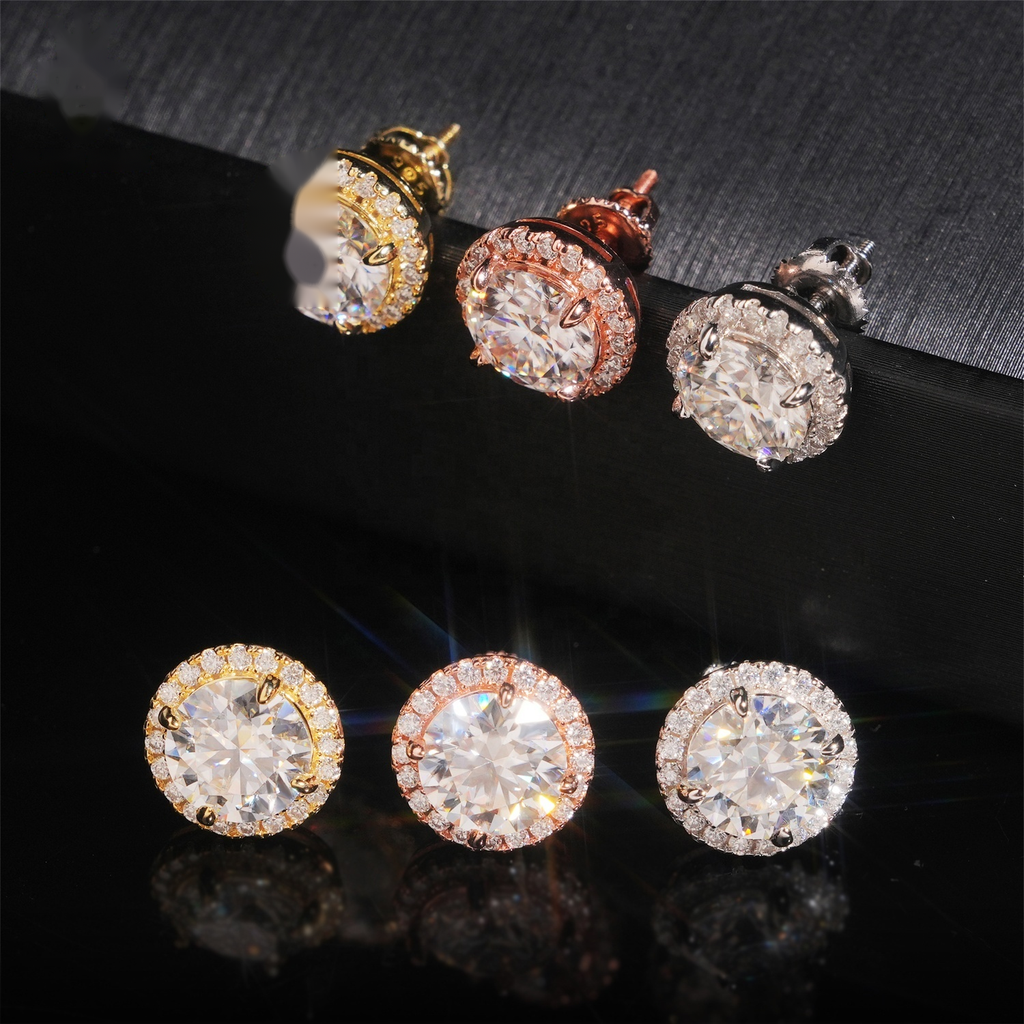 Round Solitaire Halo Earrings Screw Back — Moissanite, 925 Silver