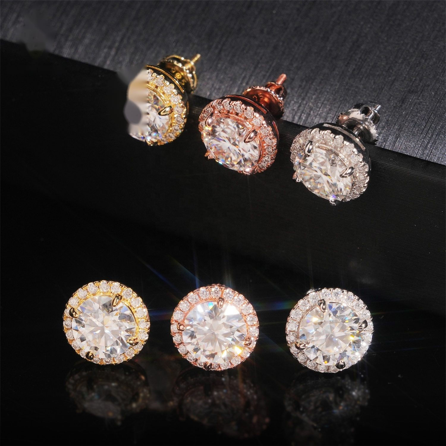 Round Solitaire Halo Earrings Screw Back — Moissanite, 925 Silver