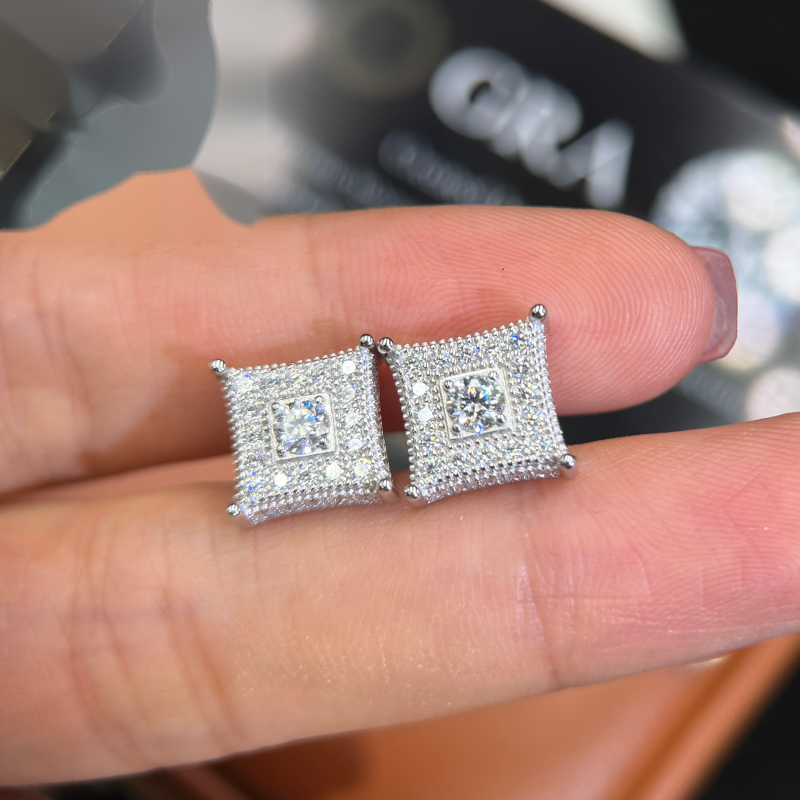 Square Centerstone Earrings Screw Back — Moissanite, 925 Silver