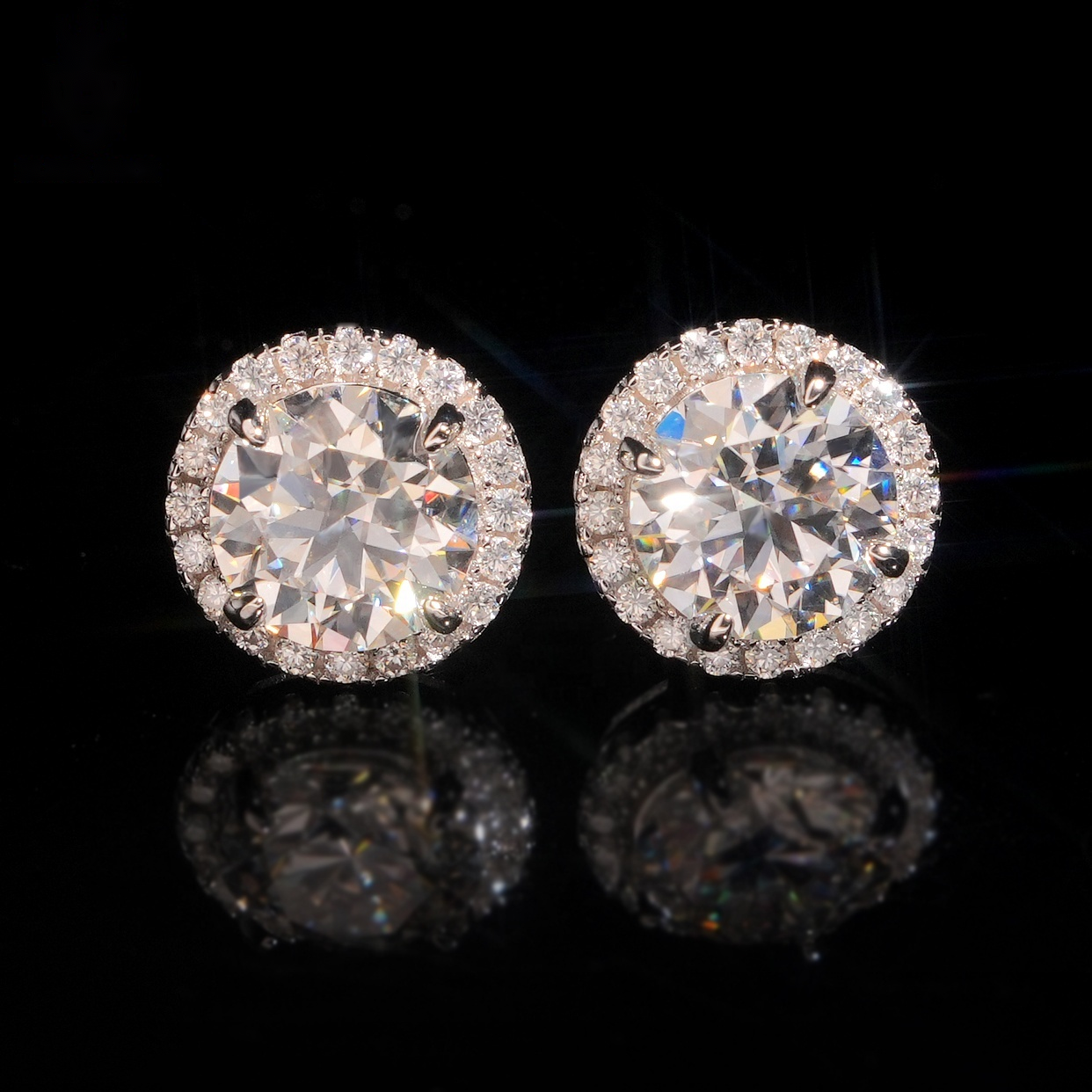 Round Solitaire Halo Earrings Screw Back — Moissanite, 925 Silver