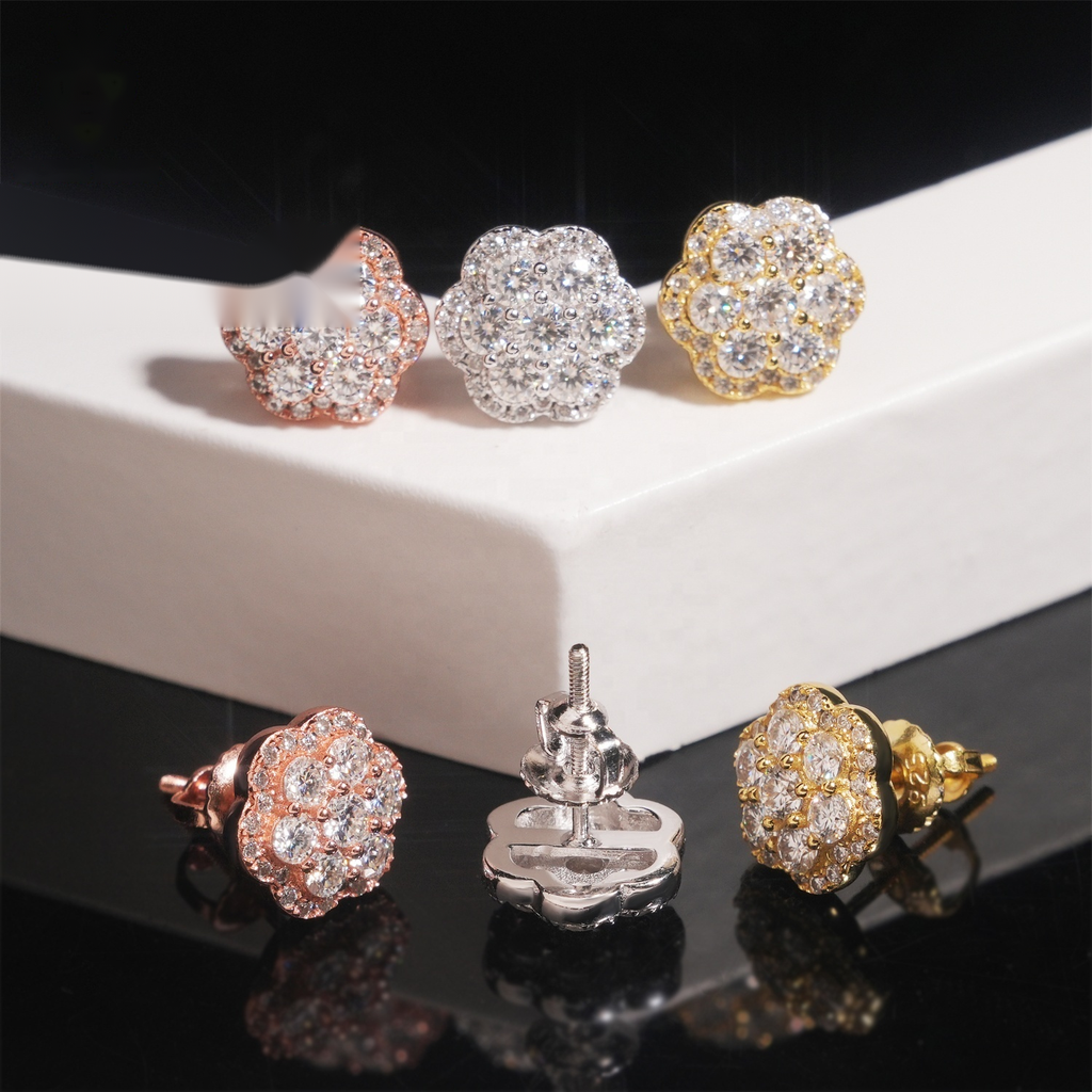 Flower Earrings Screw Back — Moissanite, 925 Silver
