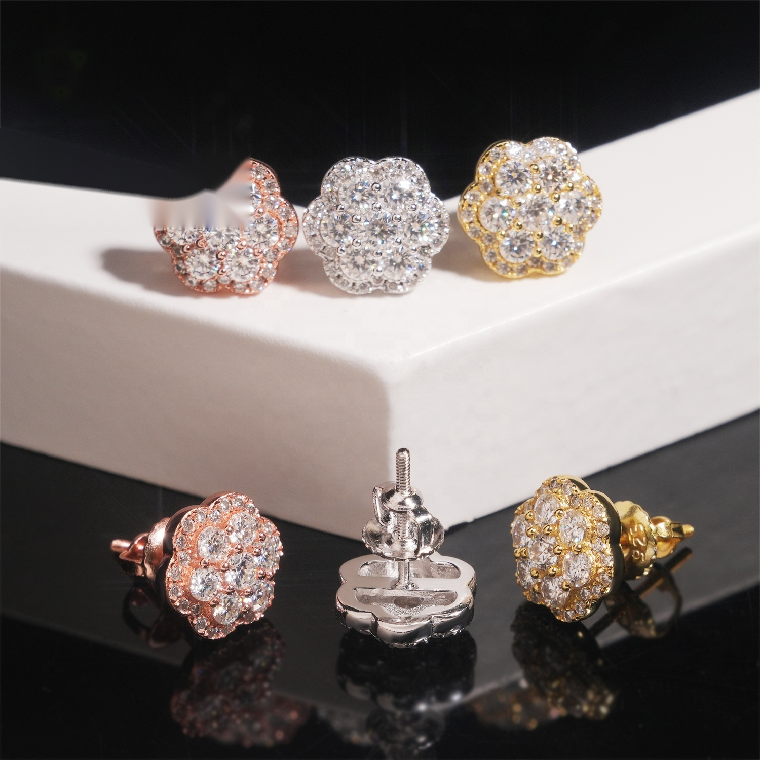 Flower Earrings Screw Back — Moissanite, 925 Silver