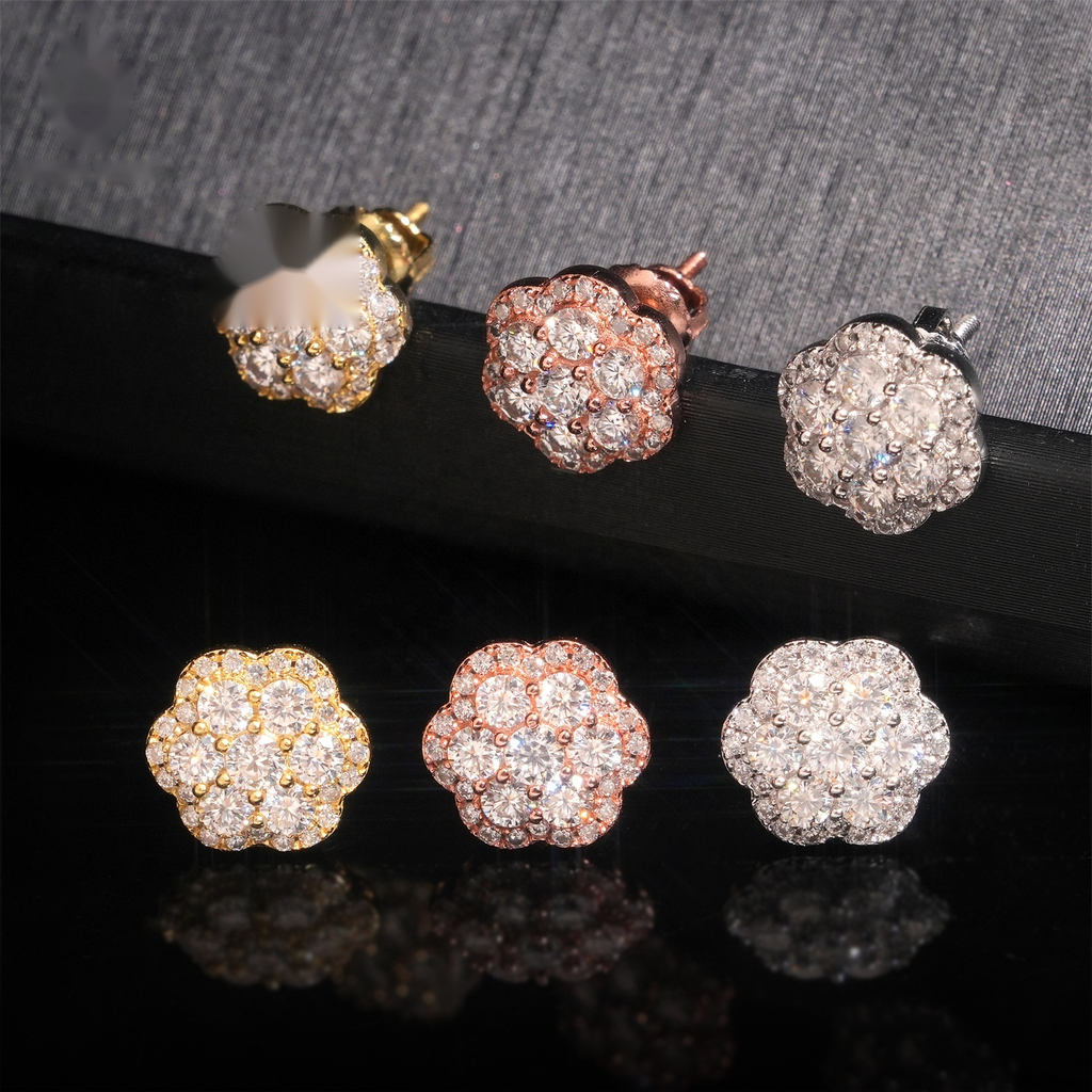 Flower Earrings Screw Back — Moissanite, 925 Silver
