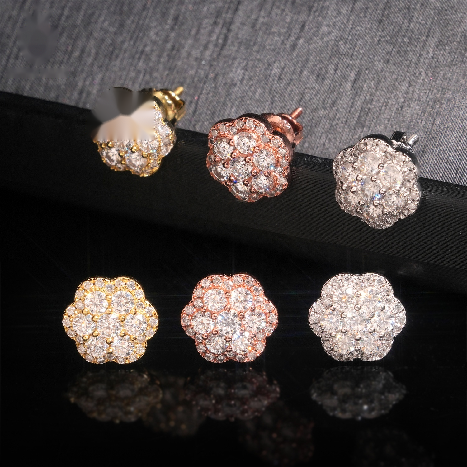 Flower Earrings Screw Back — Moissanite, 925 Silver