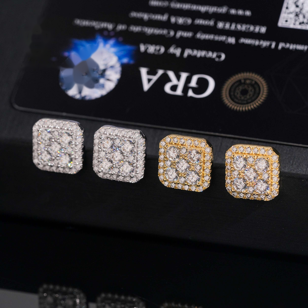 Square Earrings Screw Back — VVS Moissanite, 925 Silver