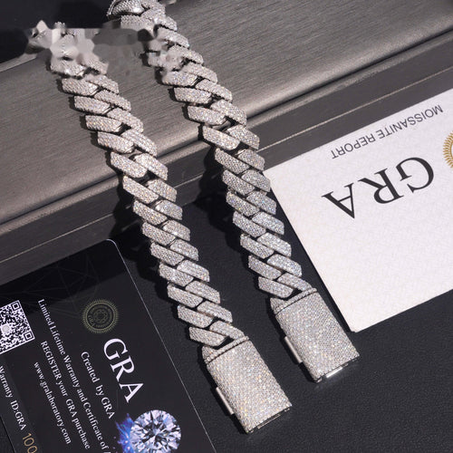 15mm Cuban Bracelet Honeycomb Setting — Moissanite, 925 Silver