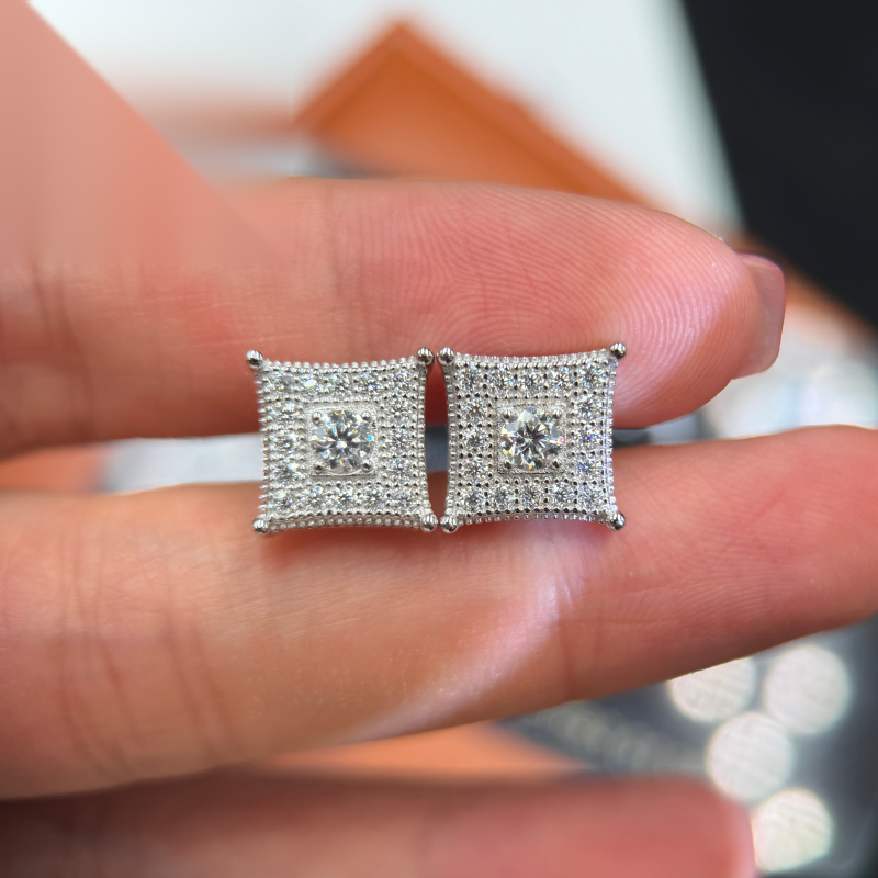 Square Centerstone Earrings Screw Back — Moissanite, 925 Silver