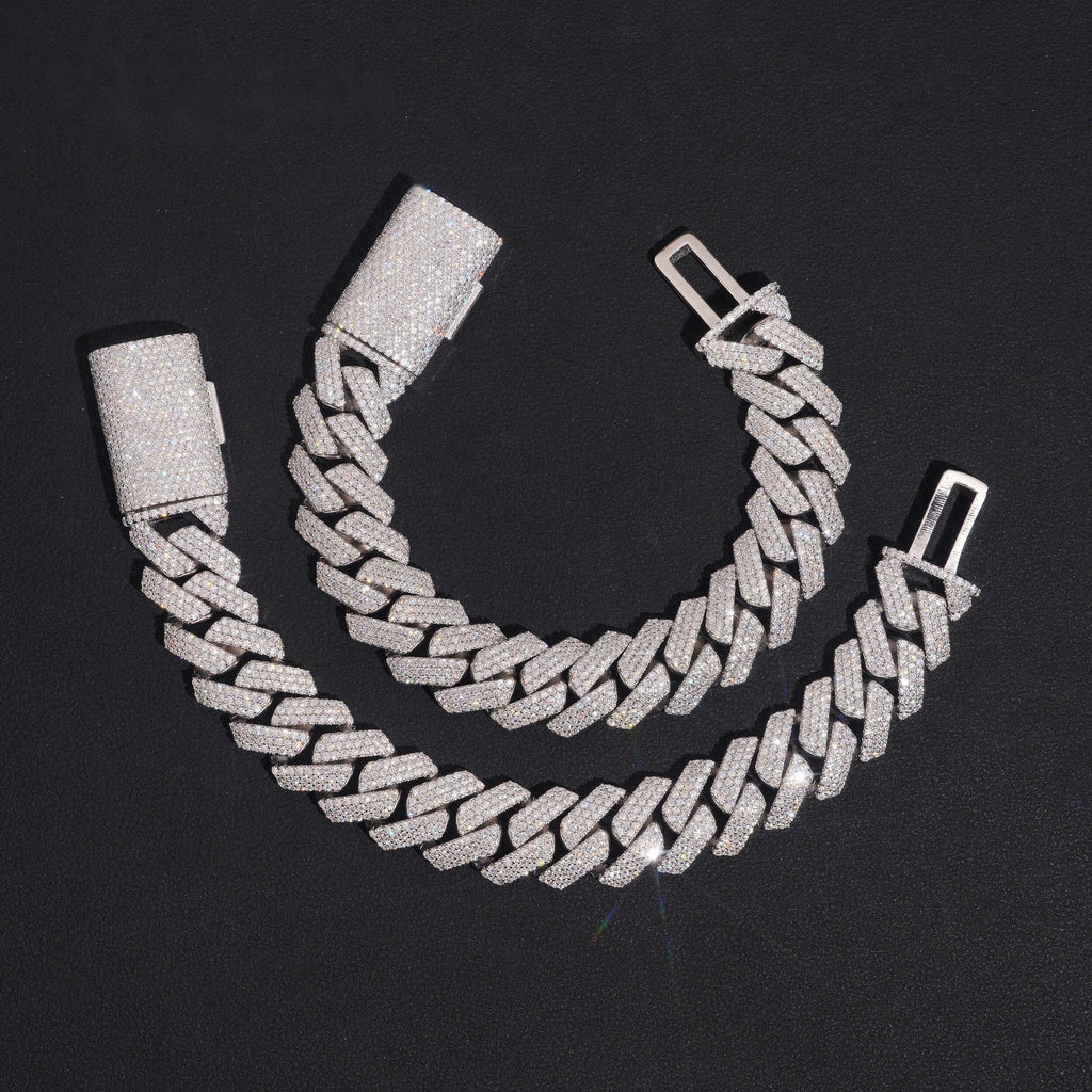 15mm Cuban Bracelet Honeycomb Setting — Moissanite, 925 Silver