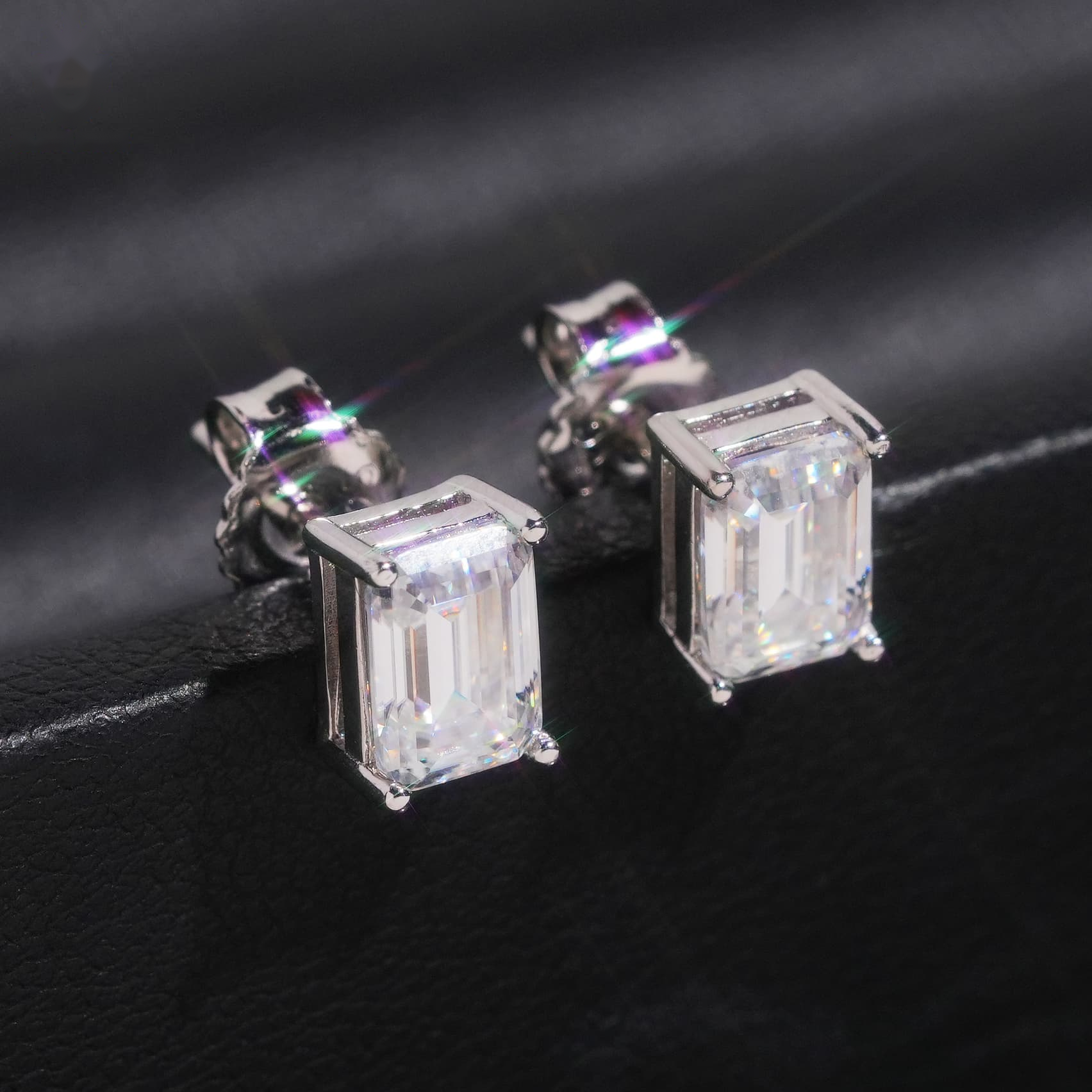 Emerald Shape Earrings Screw Back — Moissanite, 925 Silver