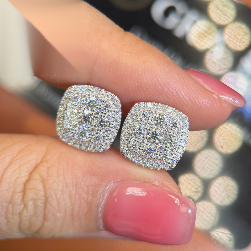 Square Clover Earrings Screw Back — Moissanite, 925 Silver