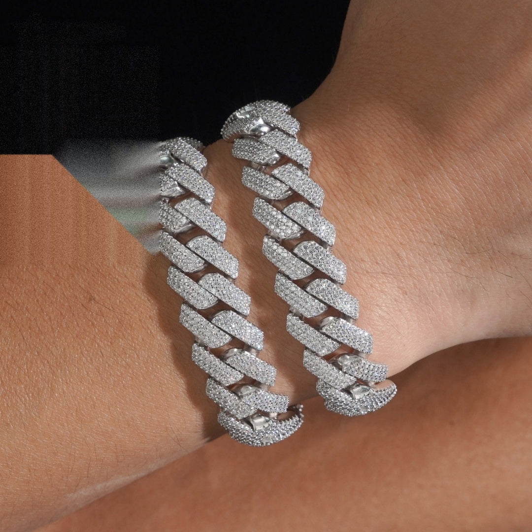15mm Cuban Bracelet Honeycomb Setting — Moissanite, 925 Silver