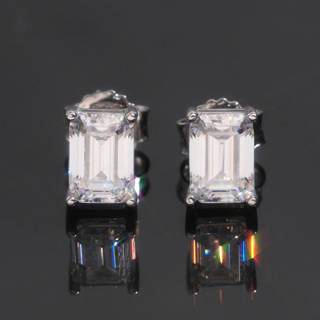 Emerald Shape Earrings Screw Back — Moissanite, 925 Silver