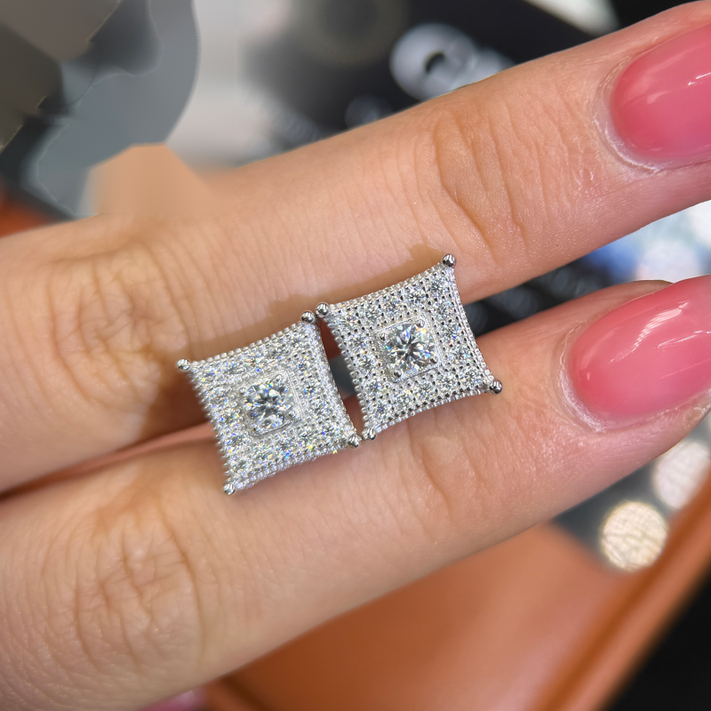 Square Centerstone Earrings Screw Back — Moissanite, 925 Silver