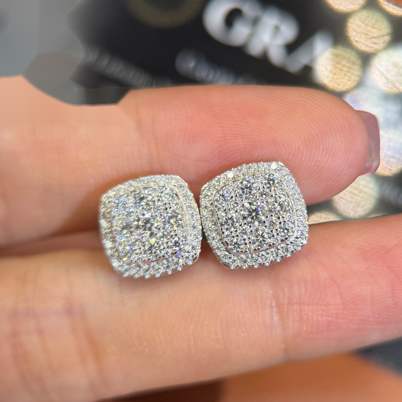 Square Clover Earrings Screw Back — Moissanite, 925 Silver