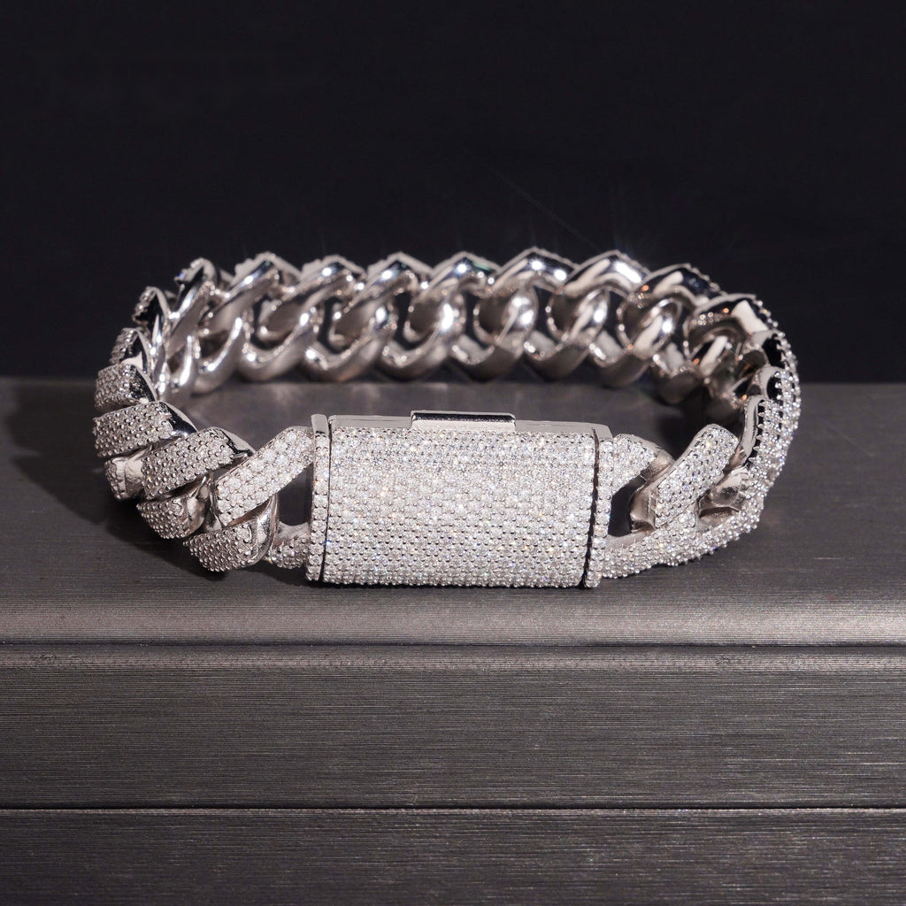 15mm Cuban Bracelet Honeycomb Setting — Moissanite, 925 Silver
