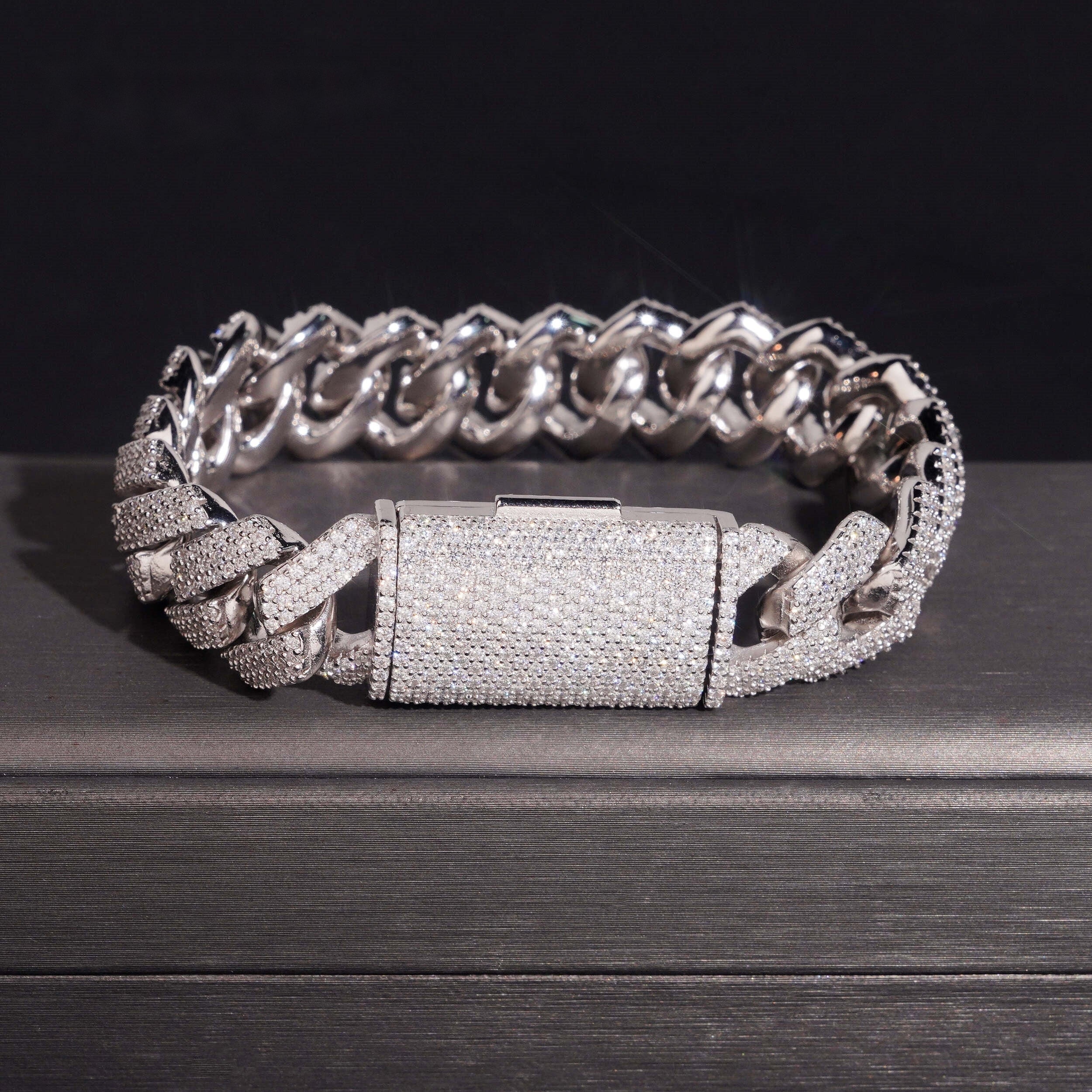 15mm Cuban Bracelet Honeycomb Setting — Moissanite, 925 Silver