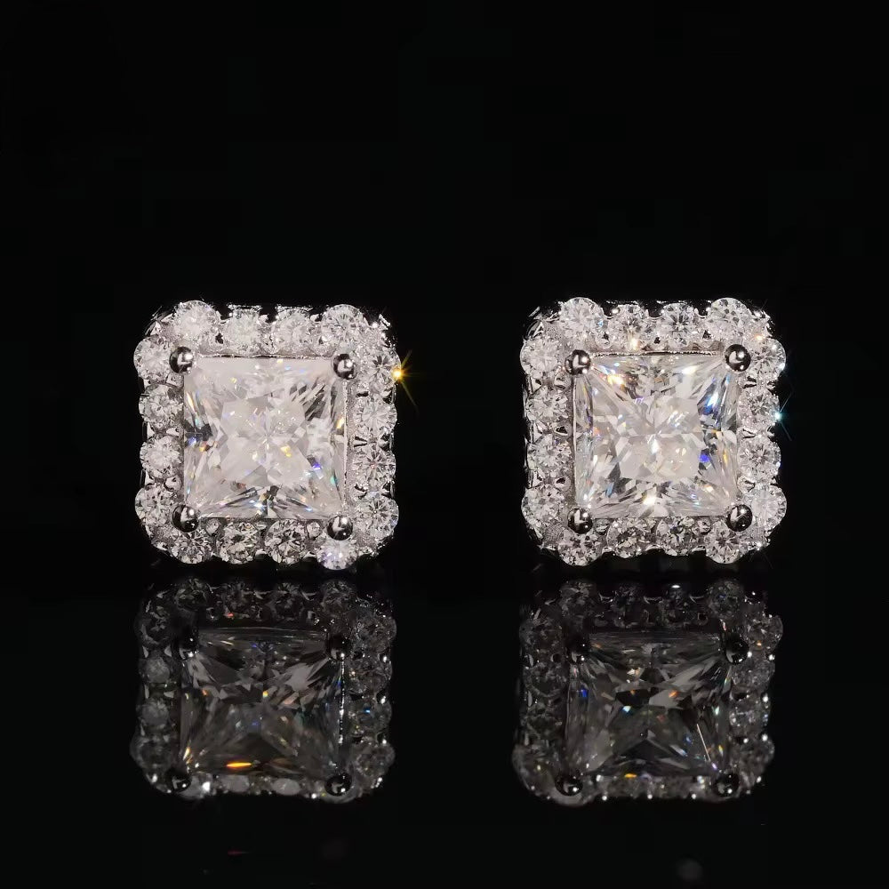Square Earrings Screw Back Moissanite Silver S925 + Rhodium