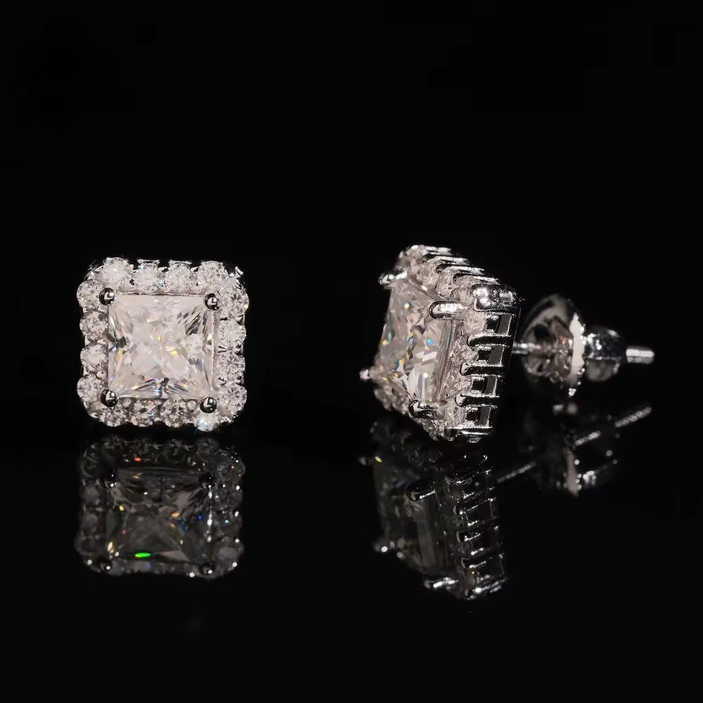 Square Earrings Screw Back Moissanite Silver S925 + Rhodium
