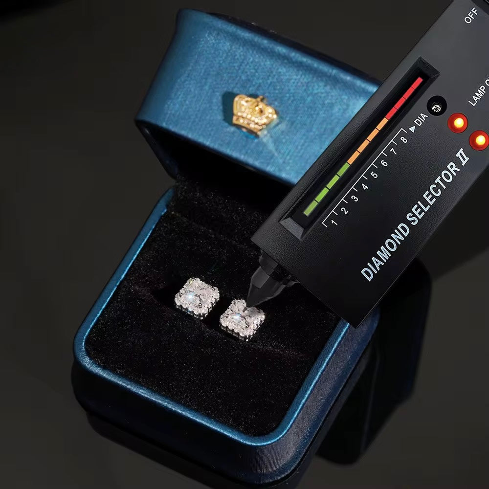 Square Earrings Screw Back Moissanite Silver S925 + Rhodium