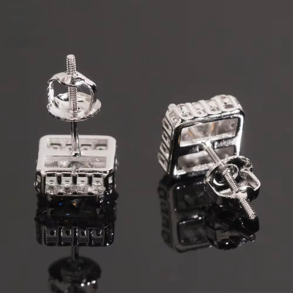 Square Earrings Screw Back Moissanite Silver S925 + Rhodium