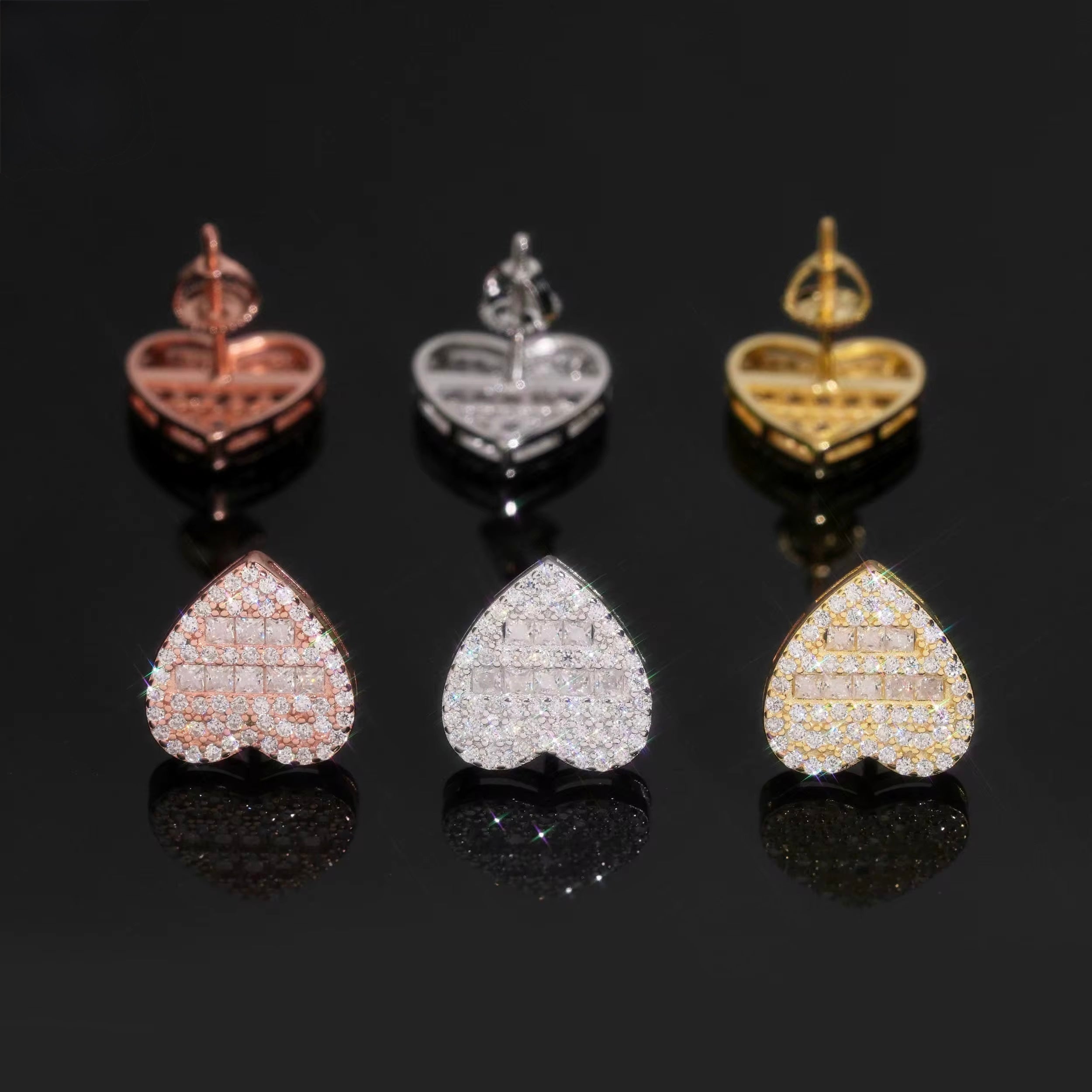 Hearts Earrings Screw Back Moissanite Silver S925 + Rhodium