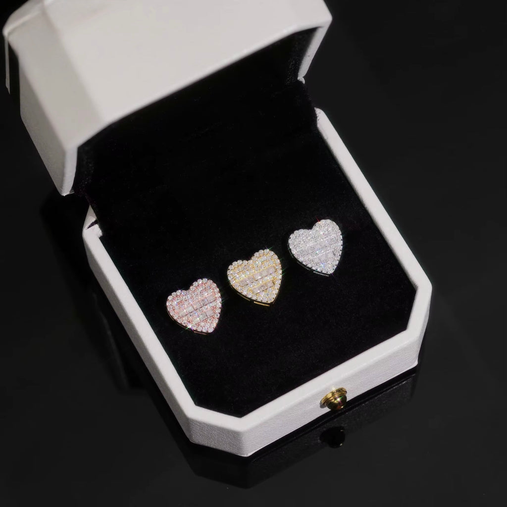 Hearts Earrings Screw Back Moissanite Silver S925 + Rhodium