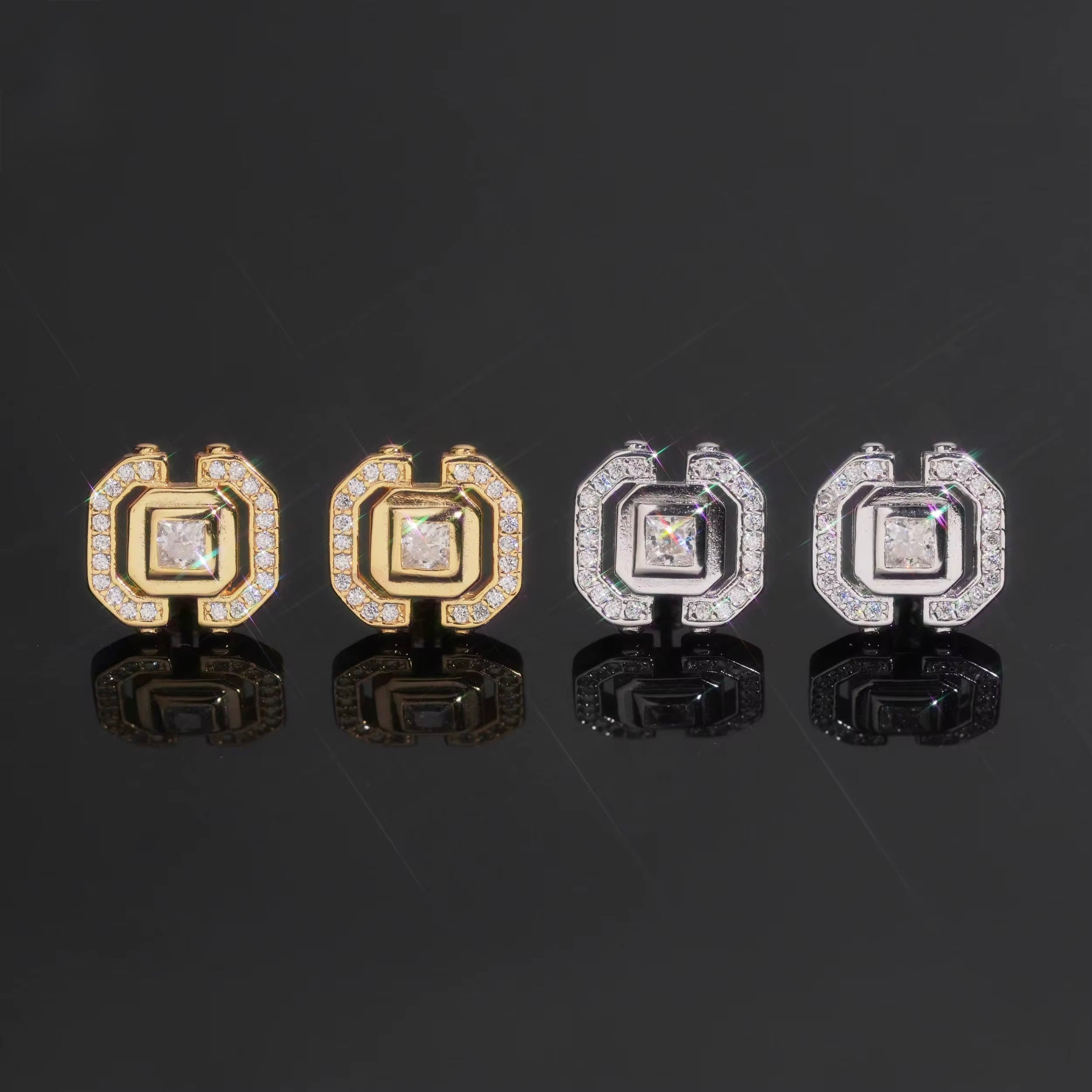 Square Earrings Screw Back Moissanite Silver S925 + Rhodium