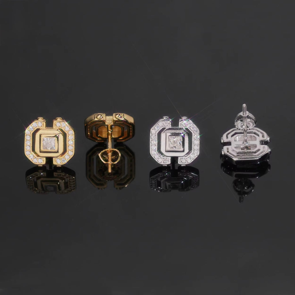 Square Earrings Screw Back Moissanite Silver S925 + Rhodium