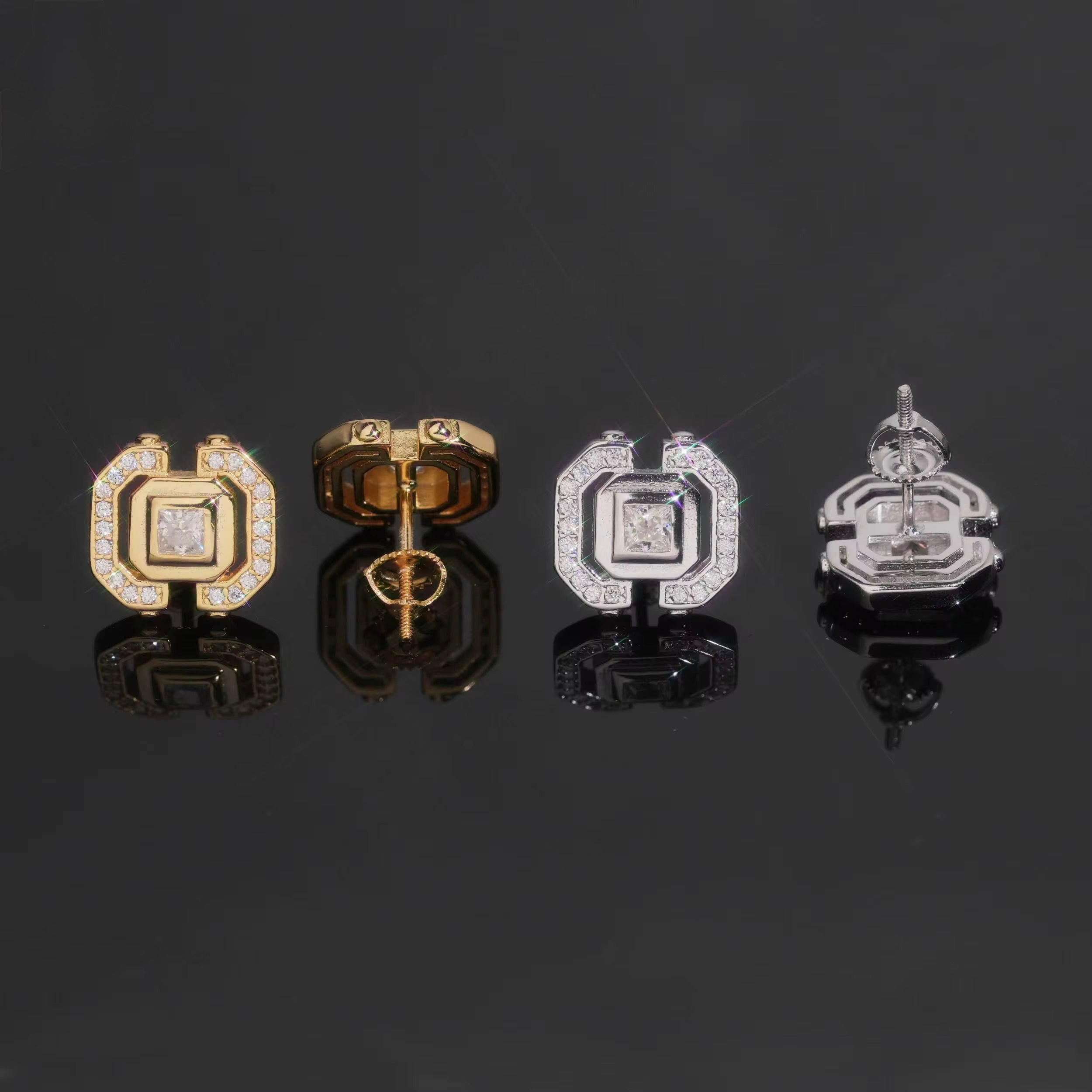 Square Earrings Screw Back Moissanite Silver S925 + Rhodium