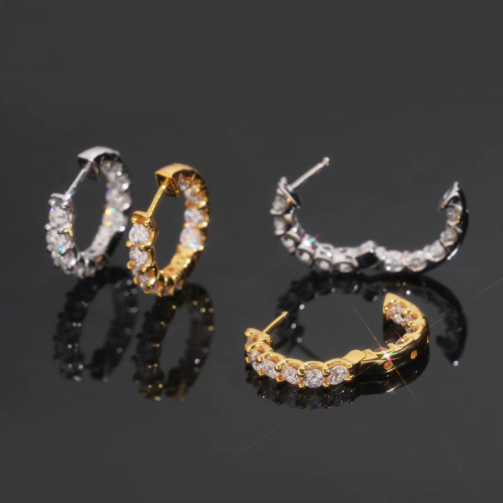 Hoops 3 Earrings Screw Back Moissanite Silver S925 + Rhodium